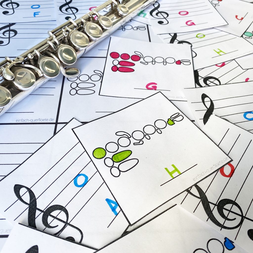 Memory Spiel zum selbst basteln mit Grifftabelle für Querflöte, zum Noten lesen lernen